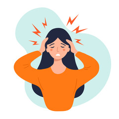 Woman with dark hair experiencing  headache holding her Temples Pain Stress migraine. Template for background, banner, card, poster. Vector