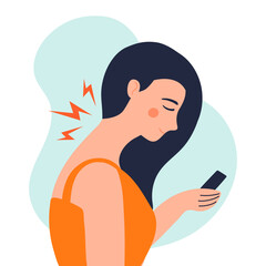 Young woman has a neck pain because of using smartphone with wrong posture.  Cause of health problem. Vector