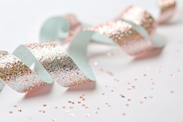 A ribbon is twisted in an arc shape with glitter on a white surface. Small sparkles are scattered around the ribbon, adding to the visual interest