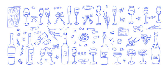 Wine, cheese doodle set. Italian hand drawn mediterranean drinks tasting party. Sketch line drawing cocktail charcuterie scribble whimsical illustration. Vector wineglasses, bottles isolated no bg.