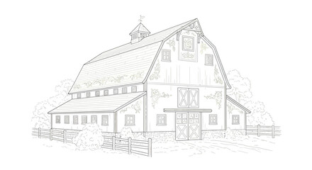 Fototapeta premium Intricate line drawing of a classic American barn, showcasing rural architecture and design elements