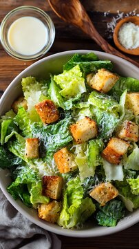 High quality image of top View of Fresh Caesar Salad with Croutons, Parmesan Cheese, and Dressing.