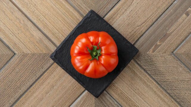 Overhead rotating heirloom tomato on slate plate on wooden table