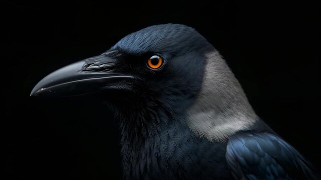 Close-up of crow turning head revealing bright orange eye on black background