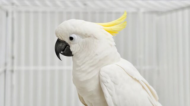 White cockatoo turning its head and raising crest in a cage close up