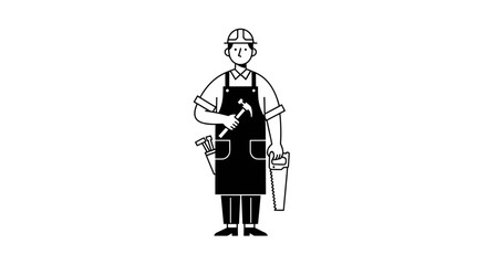 Line drawing of a construction worker with tools, showcasing craftsmanship and expertise