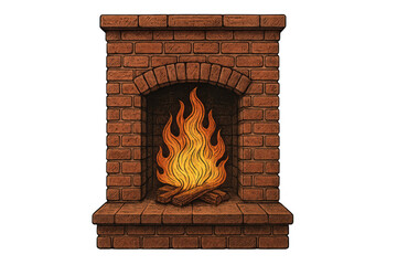 Obraz premium Brick fireplace with burning wood logs and warm flames illustrating comfort and cozy home atmosphere