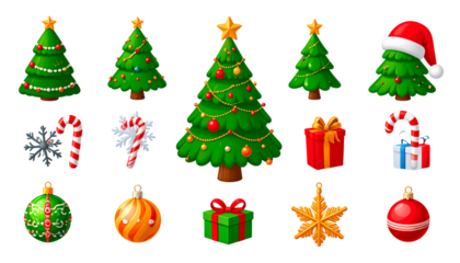 Christmas icon set with trees gifts ornaments and holiday  decorations  on  white background PNG