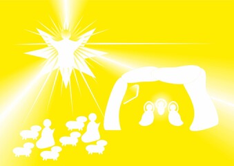 Christmas nativity scene, shepherds with sheep and an angel with rays - abstract yellow graphic with silhouettes of people in white. Topics: card, computer art, celebration, biblical scene
