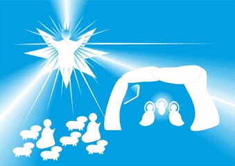 Christmas nativity scene, shepherds with sheep and an angel with rays - abstract blue graphic with silhouettes of people in white. Topics: card, computer art, celebration, biblical scene, Christianity