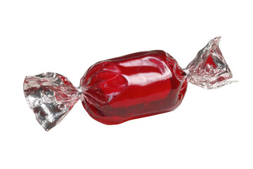 Red hard candy wrapped in clear cellophane with shiny silver twisted ends, isolated on transparent background