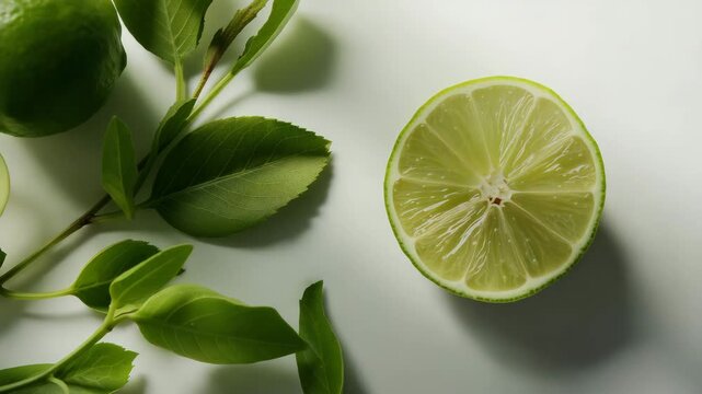 Fresh halved lime and green leaves flat lay with moving sunlight and copy space