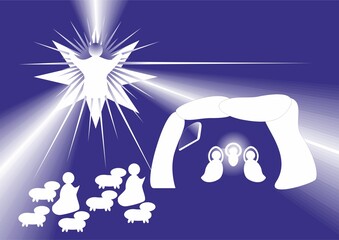 Christmas nativity scene, shepherds with sheep and an angel with rays - abstract dark blue graphic with silhouettes of people in white. Topics: card, computer art, celebration, biblical scene