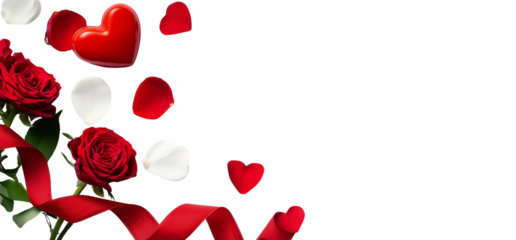 Red Roses White Petals Red Hearts Ribbon isolated on a transparent background