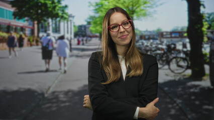 Fototapeta premium Woman with red glasses crosses arms on street near parked bicycles and pedestrians by a tree and building; confidence approachable professional.