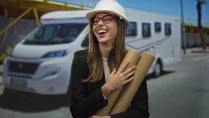 Woman in hardhat holds rolled plans while laughing on street; career confidence success achievement.