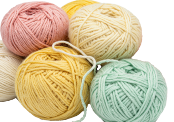 extreme macro close-up of plump merino wool yarn balls in soft pastel colors, highly detailed texture, isolated on a clean white studio background, cozy handmade crafts concept