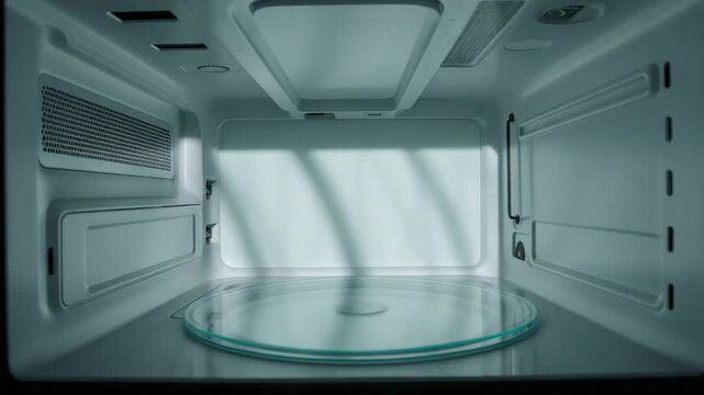 Empty modern microwave interior with rotating glass turntable and copy space