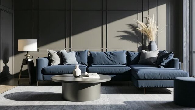 Sunlight sweeping across modern living room with navy sectional sofa
