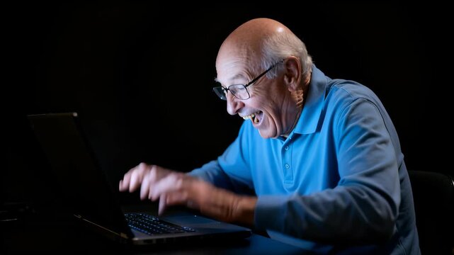 Man laughs and raises his arms while seated at a laptop in a dark studio environment, motion blur conveying energetic celebration and surprise. Empty space at left is available for text or graphic ele
