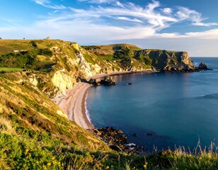 A coastal landscape featuring a curved beach nestled between rocky cliffs and verdant hills under a bright blue sky with wispy clouds