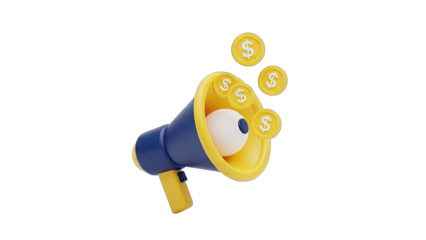 Blue and Yellow Megaphone Amplifying Golden Dollar Coins on a Transparent Background with a White Sphere Inside the Megaphone Representing Sound or Attention
