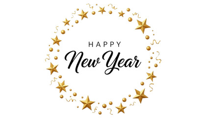 Happy New Year background with 3D golden stars and confetti circle frame
