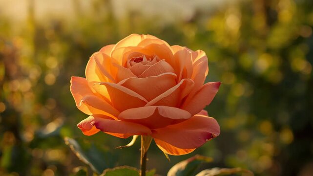 Backlit orange rose close-up in golden hour garden with soft bokeh