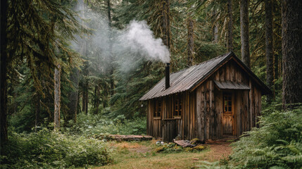 Cozy wooden cabin nestled lush forest, with smoke gently rising from chimney, creating serene