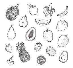 Line art collection of various fruits for healthy eating concepts.