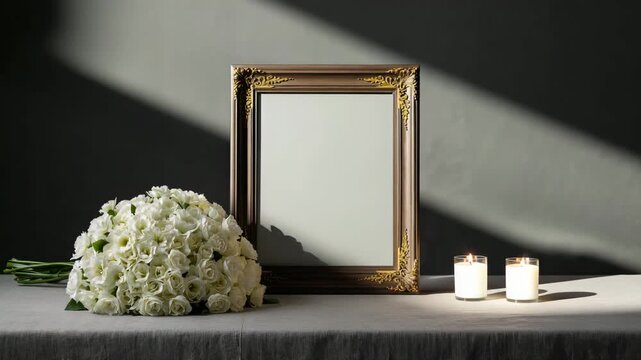 White rose memorial arrangement with candles and empty photo frame in soft sunlight