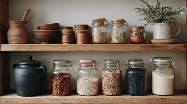 Natural pantry display with jars, grains, and wooden containers showcasing zero waste lifestyle - Powered by Adobe