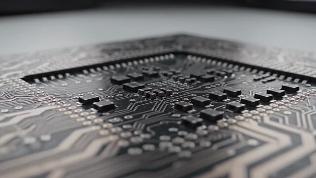 Close-up of a computer processor with intricate circuit traces and metallic surface details. glow!!!