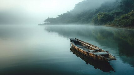 Traditional wooden sampan boats float quietly on the calm river with soft morning mist and gentle ripples.