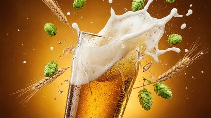 Shattering Beer Glass with Golden Splash and Foam Explosion. Flying Green Hops and Wheat Stalks. High Speed Cinematic Macro Beverage Photography.