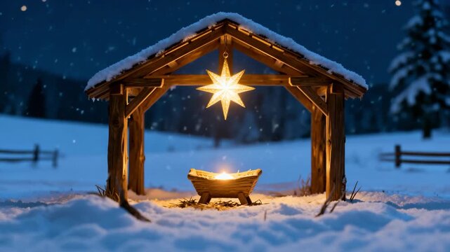 a rustic wooden stable structure for a nativity scene in the snow at night, with a bright star ornament hanging over an empty manger glowing with light, symbolizing the Christmas story 