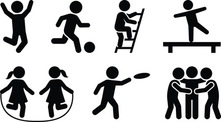 Children activity icons showing sports and play, kids running jumping climbing balancing skipping teamwork symbols, playful youth recreation silhouette collection for education design