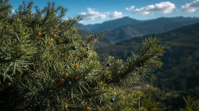 Close-up pan of juniper branch with berries over mountain landscape