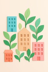 A colorful drawing of a city with houses and trees