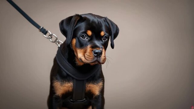 Rottweiler puppy on leash tilting head in studio portrait