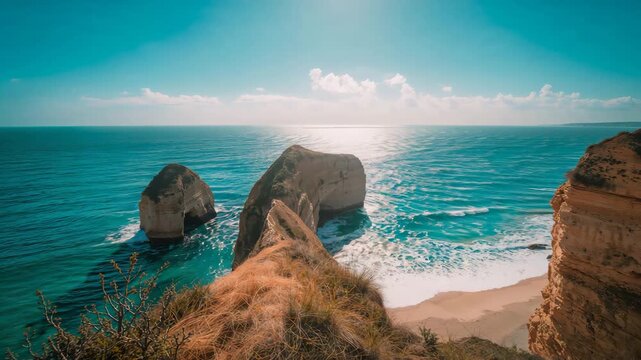 Drone flying over sunlit coastal cliffs and sea stacks with waves on sandy beach