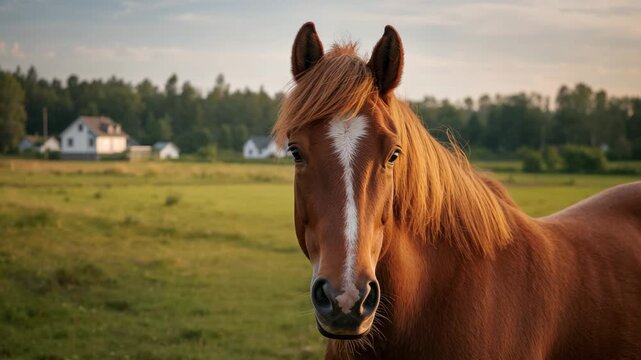 Close-up of a chestnut horse looking at camera in a sunlit meadow
