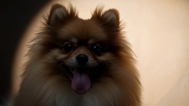 Happy Pomeranian dog panting and looking at camera in studio portrait