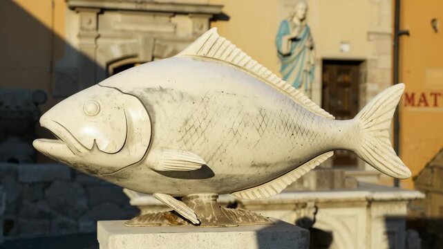 Large marble fish sculpture on pedestal in sunny town square