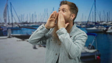Man with red beard shouting with cupped hands at his mouth at a sunny marina port next to moored boats on a concrete pier; excitement.