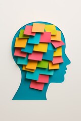 A head with many colorful sticky notes on it