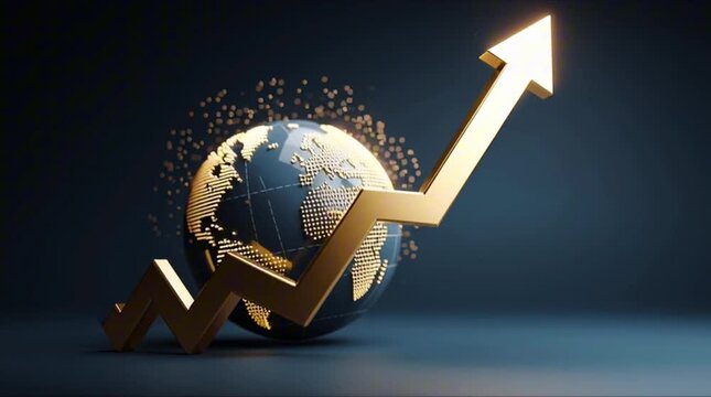 Rising Arrow of Financial Growth: An upward-pointing arrow of gold illuminates a globe, symbolizing financial progress and business development with strategic insight with Gold Bar