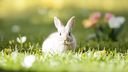 Wild rabbit moving through sunlit spring meadow with flowers
