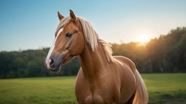 Chestnut horse standing in grassy field at sunset