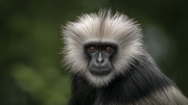 Close-up of wild monkey turning head and making eye contact in lush forest
